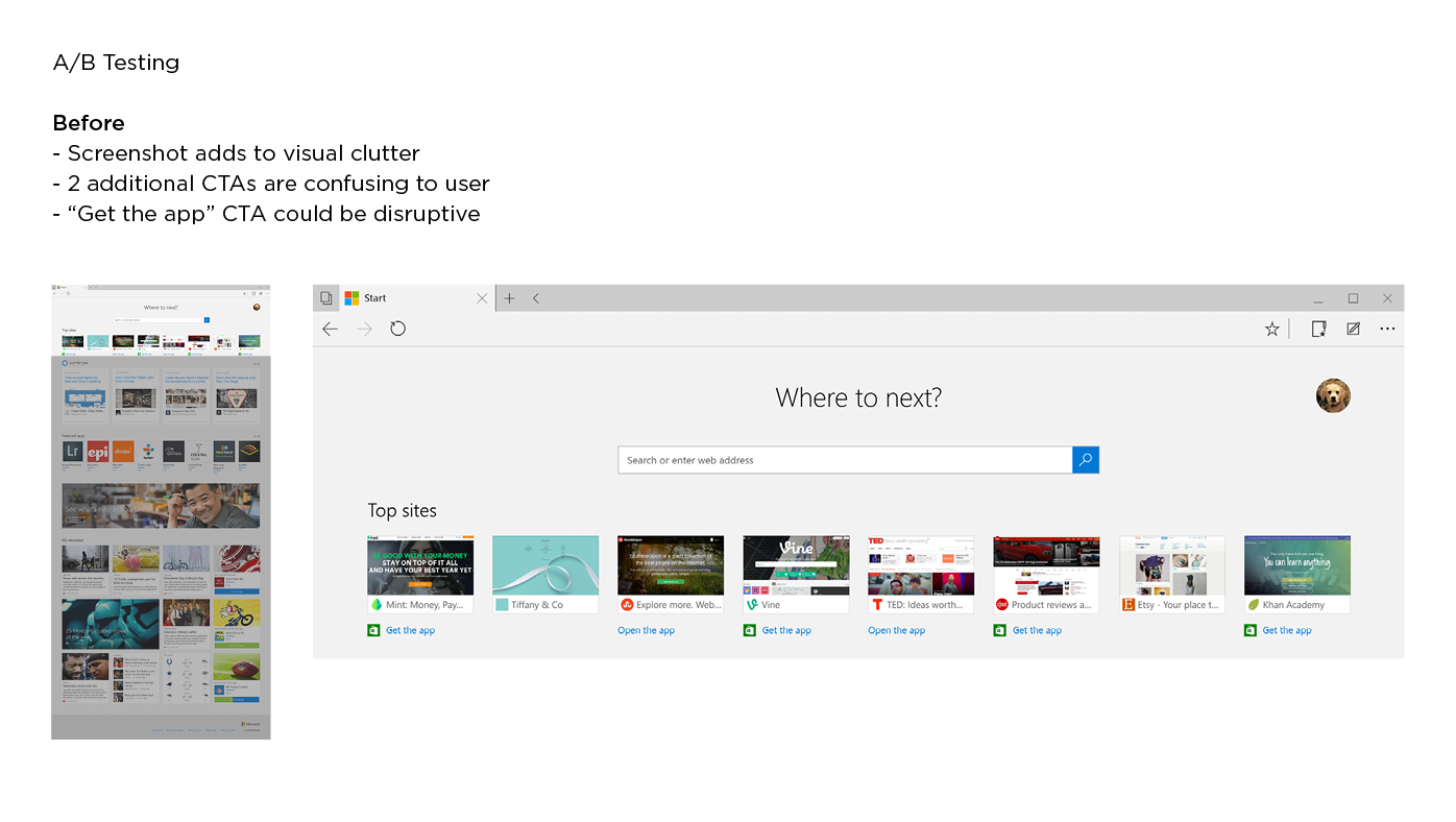Original designThe marketing team recommended including screenshots that linked to a website, and additional links to redirect to the Windows 10 app
