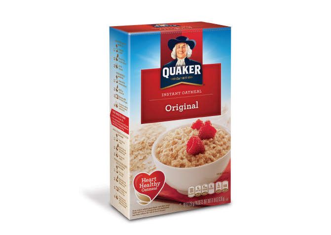 The "morning light" radiates from behind the iconic personality of Quaker. With over 50 flavors and varieties of oatmeal to represent, it was important to color-code and have different styles of the placard. Representing the flavors through tasteful food photography was also key.