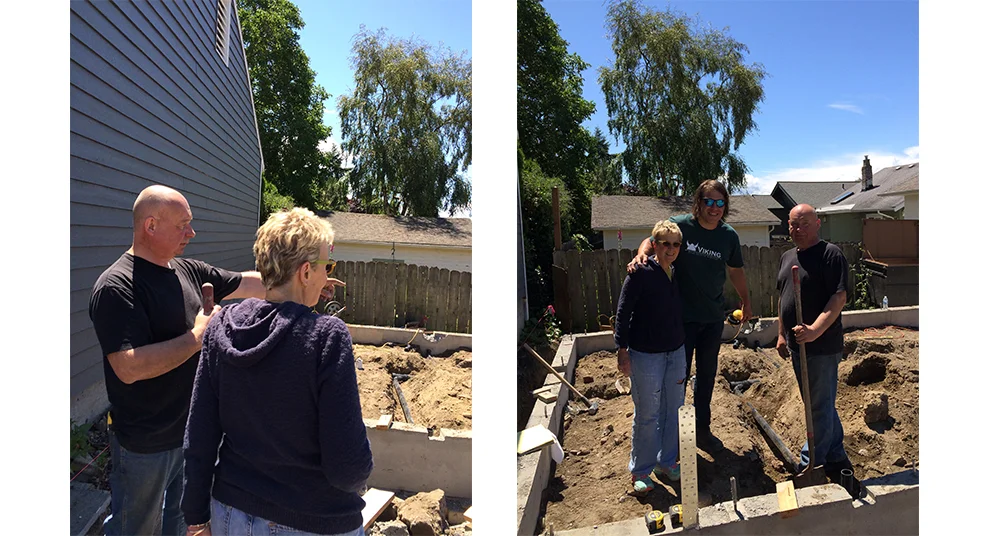 Left: Petr and Elyse discuss plumbing. Right: Elyse, Joe, and Petr.