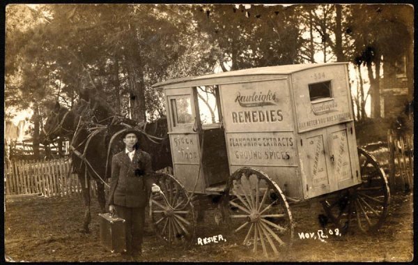 A Rawliegh's salesman in front of his wagon, circa 1909. 