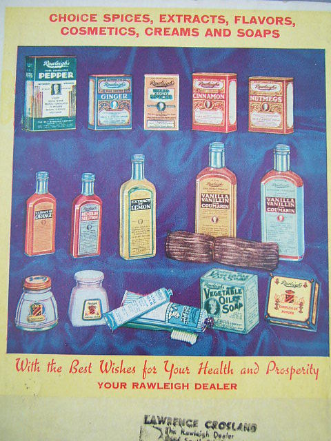 A scan of the back page of Rawleigh's 1935 Good Health Guide , picturing a variety of medicine and extract bottles similar to the one found in our backyard.