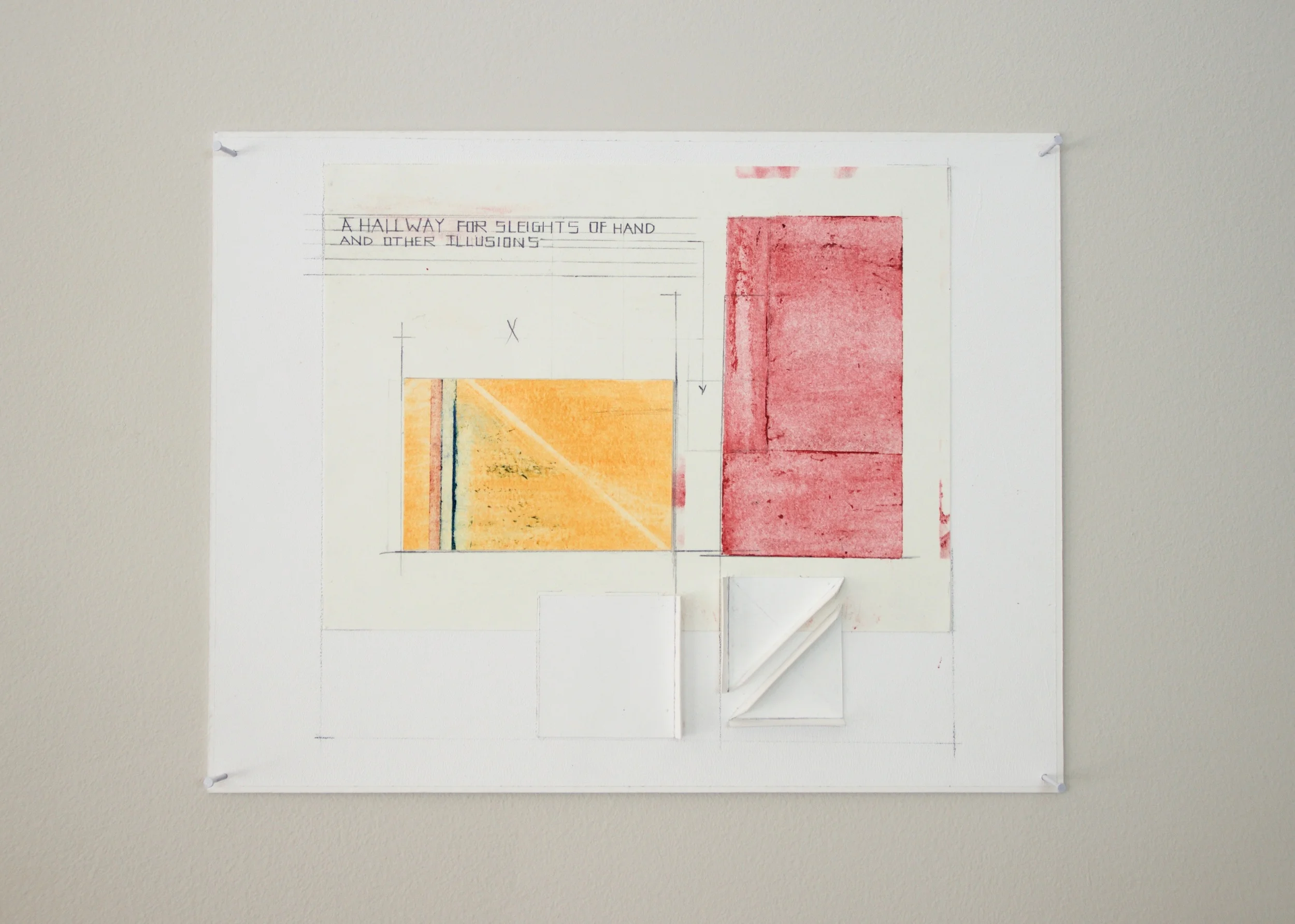 A hallway for sleights of hand other illusions. , 2016 graphite, crayon, colored pencil, acrylic and collage on paper | 8-1/2 x 11 x 1/2 in.