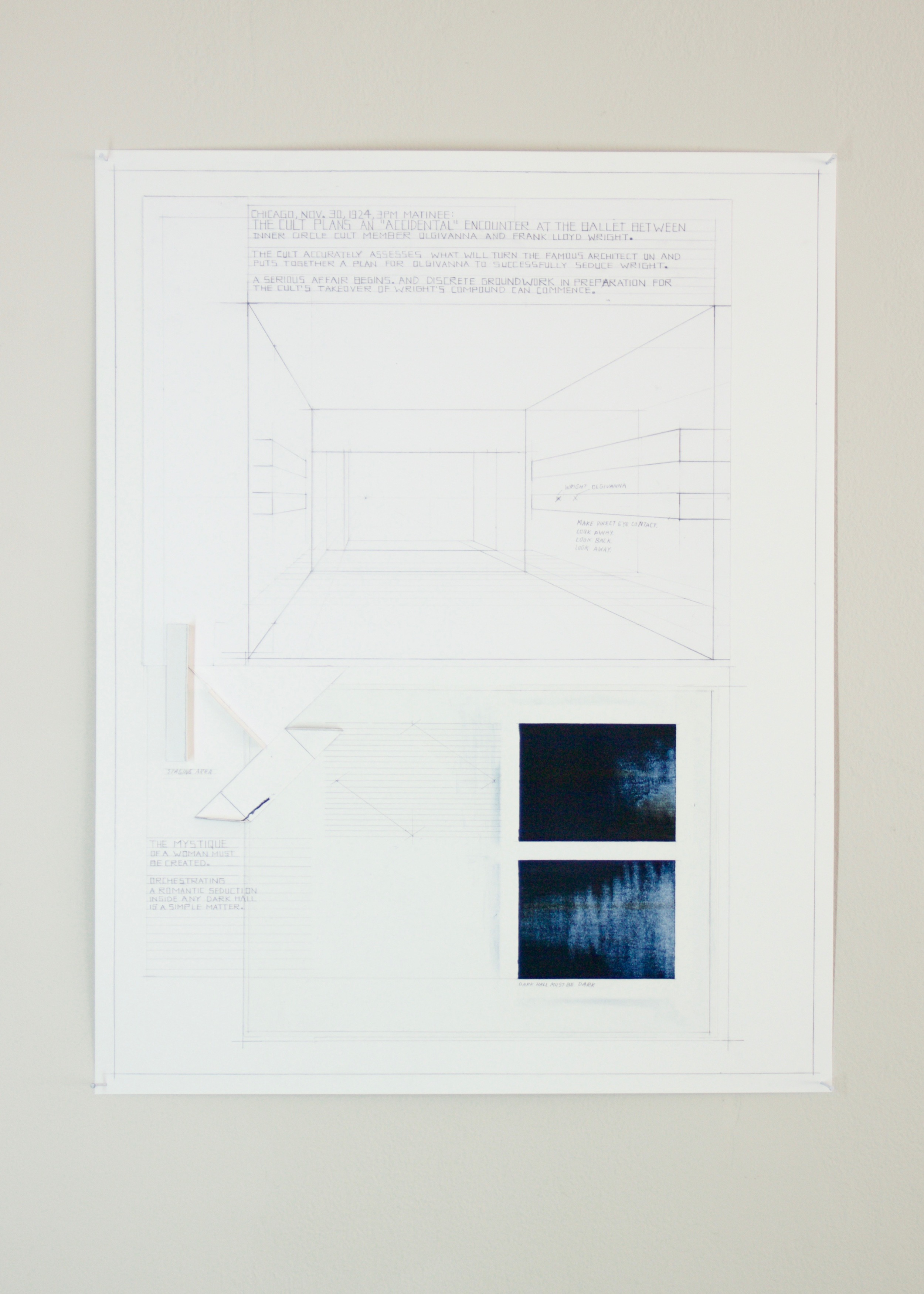   Orchestrating a romantic seduction inside any dark hall is a simple matter. , 2016 &nbsp; &nbsp; &nbsp; &nbsp; &nbsp; &nbsp; &nbsp; &nbsp; &nbsp; &nbsp;&nbsp; graphite, crayon, colored pencil, acrylic and collage on paper | 24 x 19 x 1/2 in. 