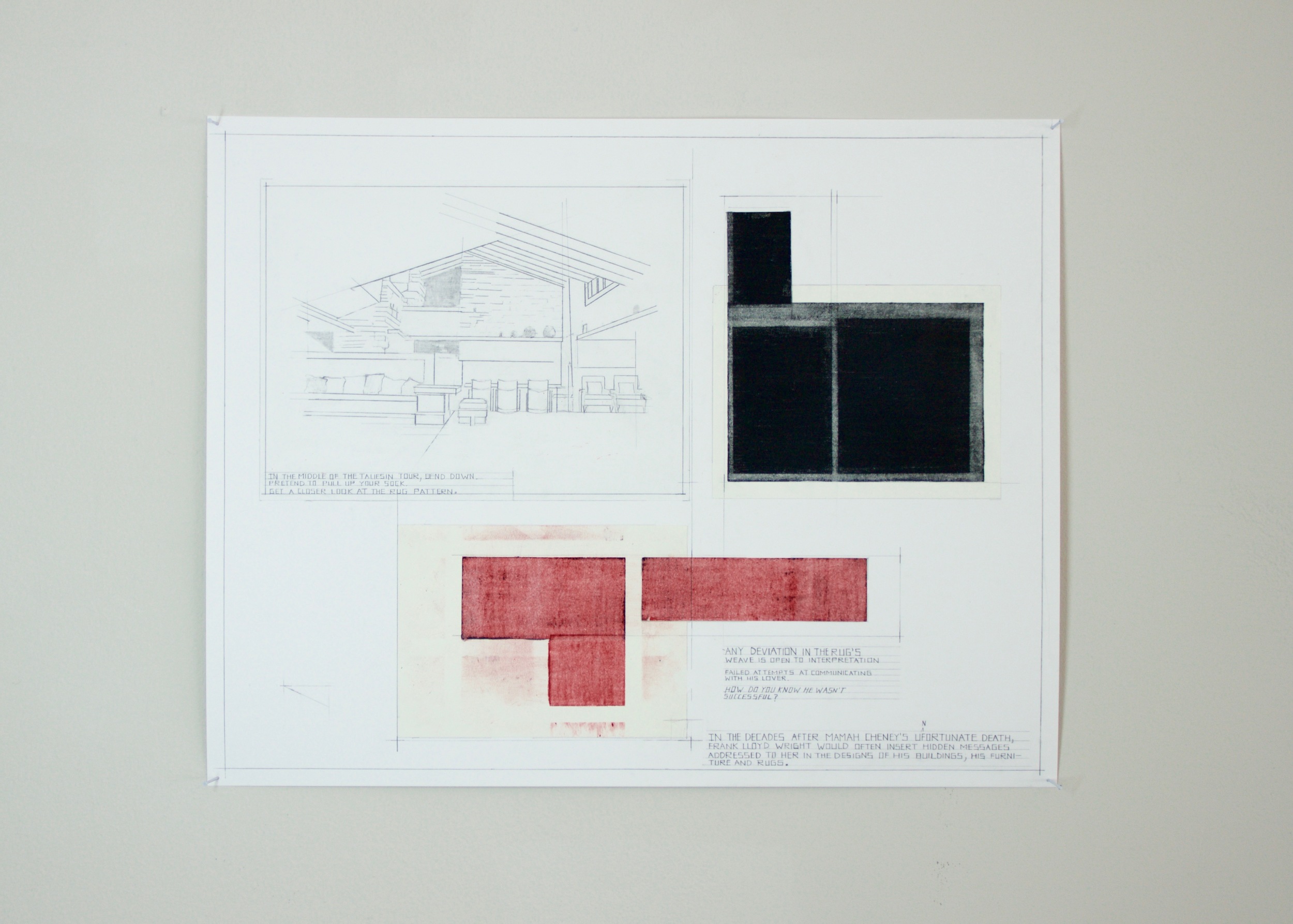 Any deviation in the rug's pattern is open to interpretation. , 2016 graphite, crayon, colored pencil and collage on paper | 24 x 19 x 1/2 in.