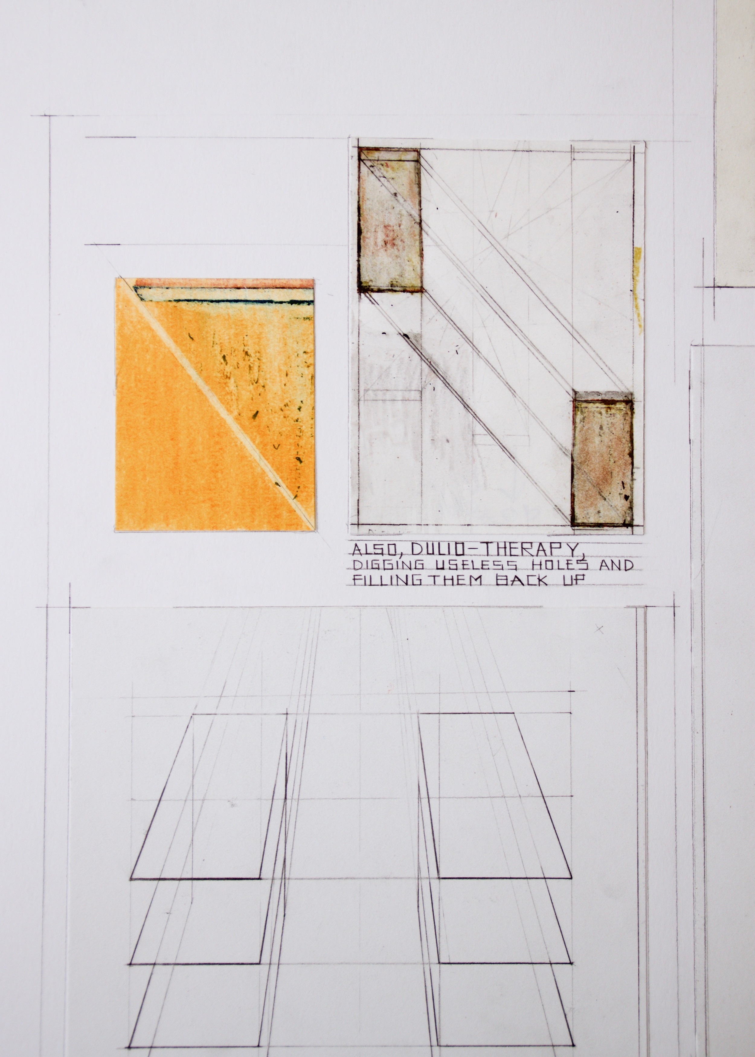 Day-to-day operations at Frank Lloyd Wright's compound. , 2016 graphite, crayon, colored pencil, acrylic and collage on paper | 24 x 19 x 1/2 in.
