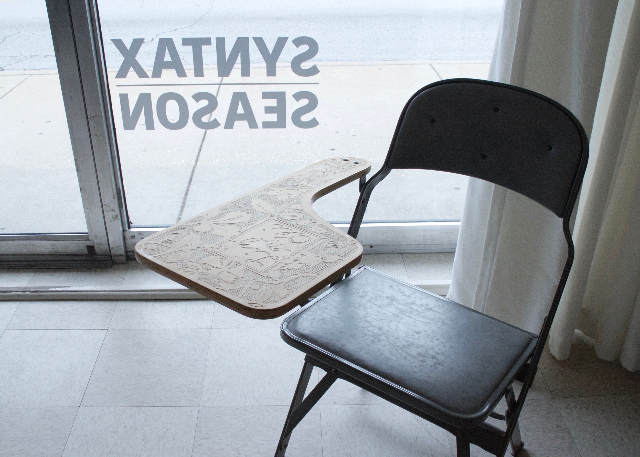 Oli Watt, Untitled (Classy) , 1999 carved school desk | 33 x 23 x 28 in.