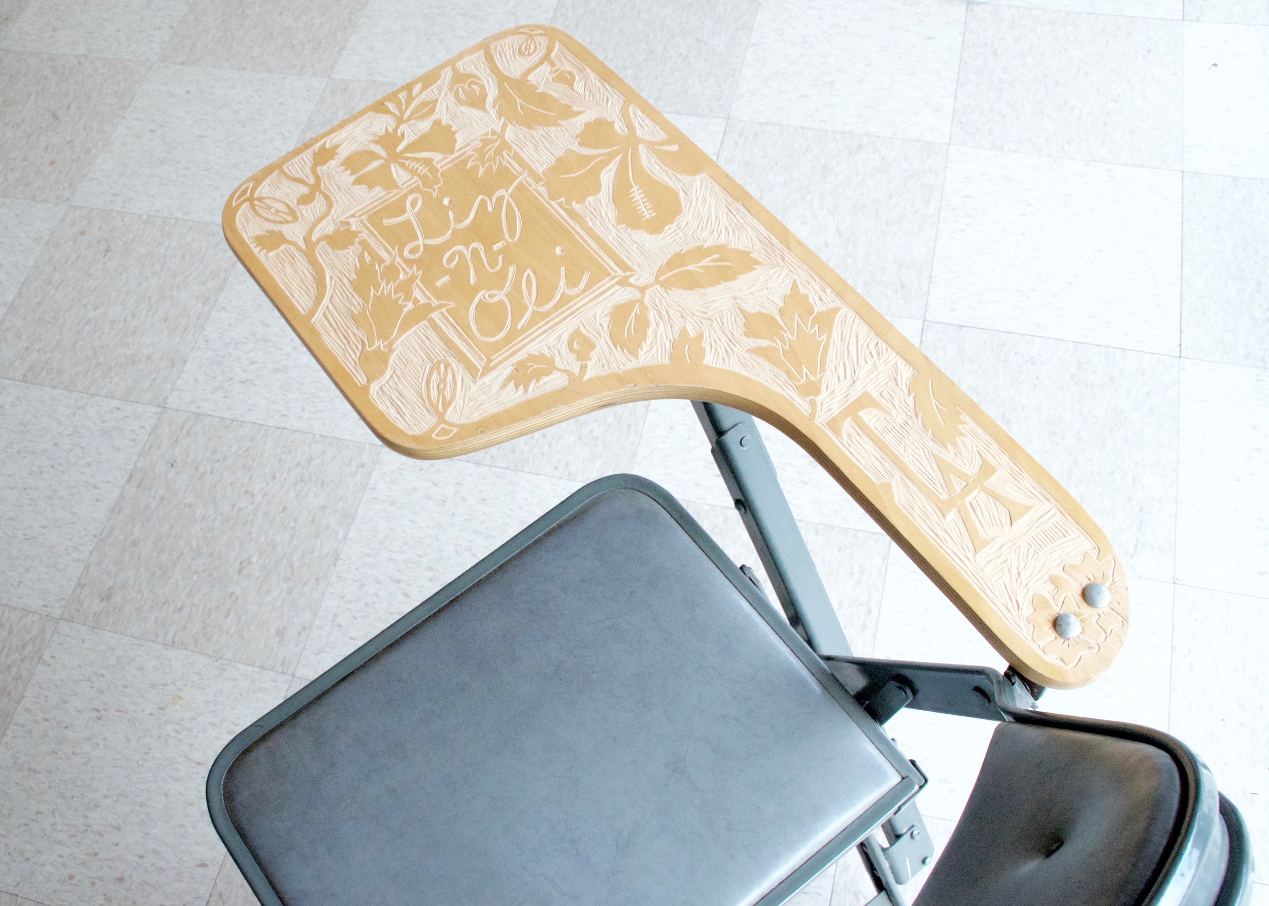 Oli Watt, Untitled (Classy) , 1999 carved school desk | 33 x 23 x 28 in.