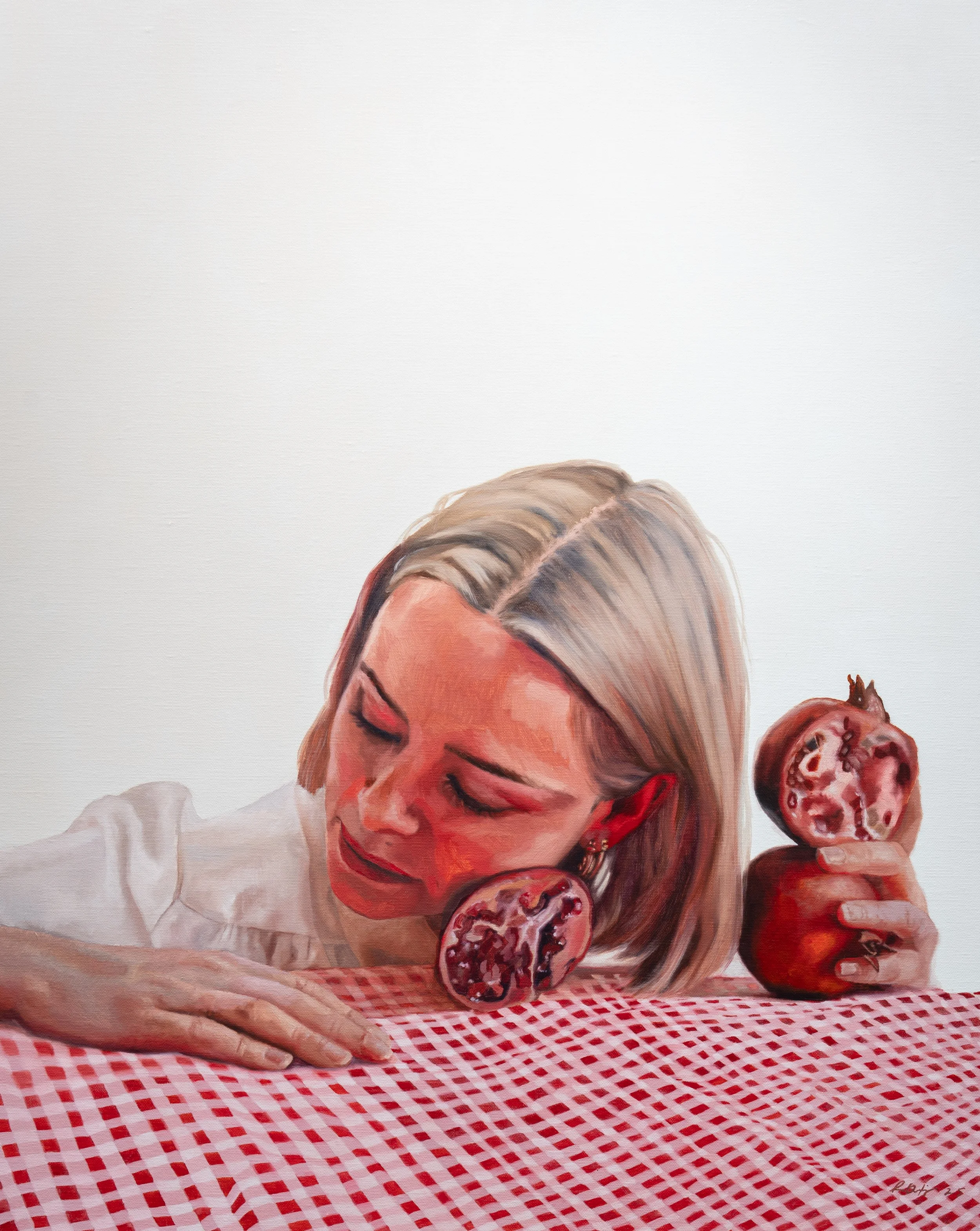 oil painting of a woman, with her head laying on a pomegranate, resting on a gingham table cloth.