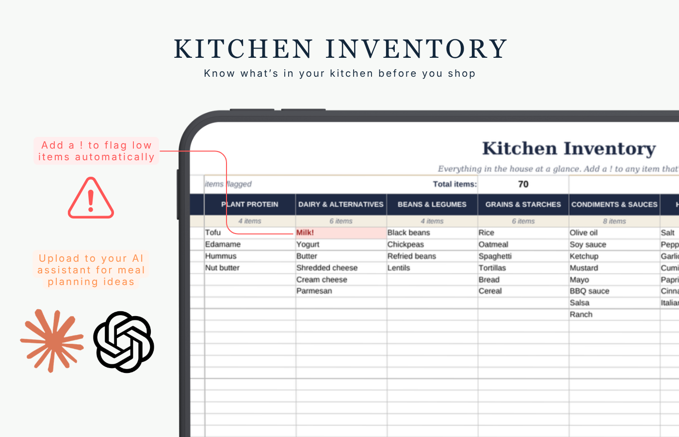 Screenshot of family meal planner spreadsheet