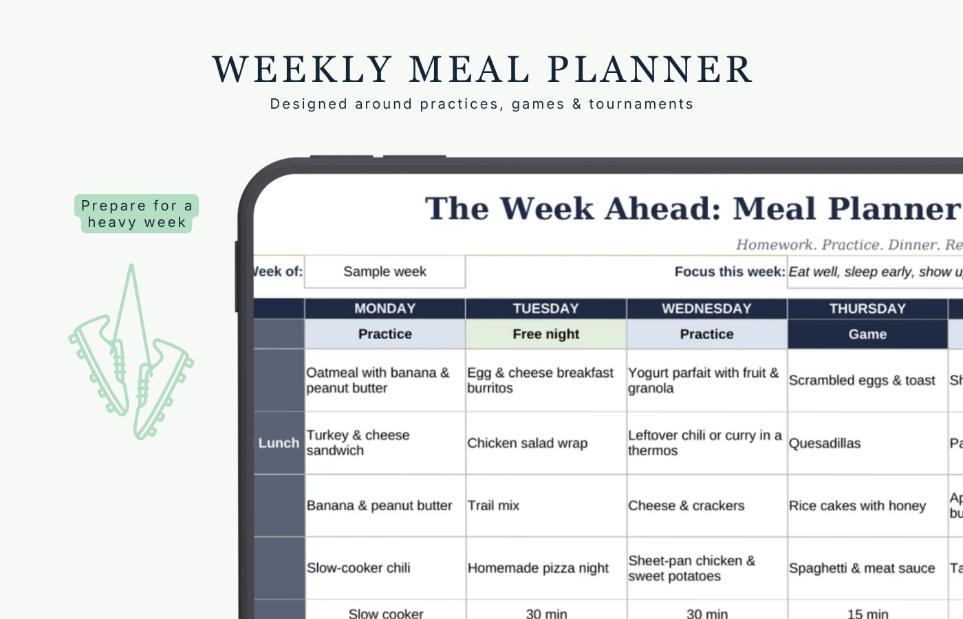 Screenshot of weekly meal planner spreadsheet