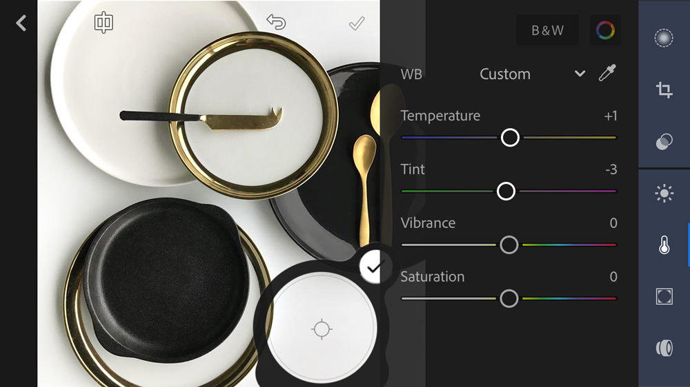 Custom white balance edit from using the 'eyedropper' tool shown with the crosshairs on the image