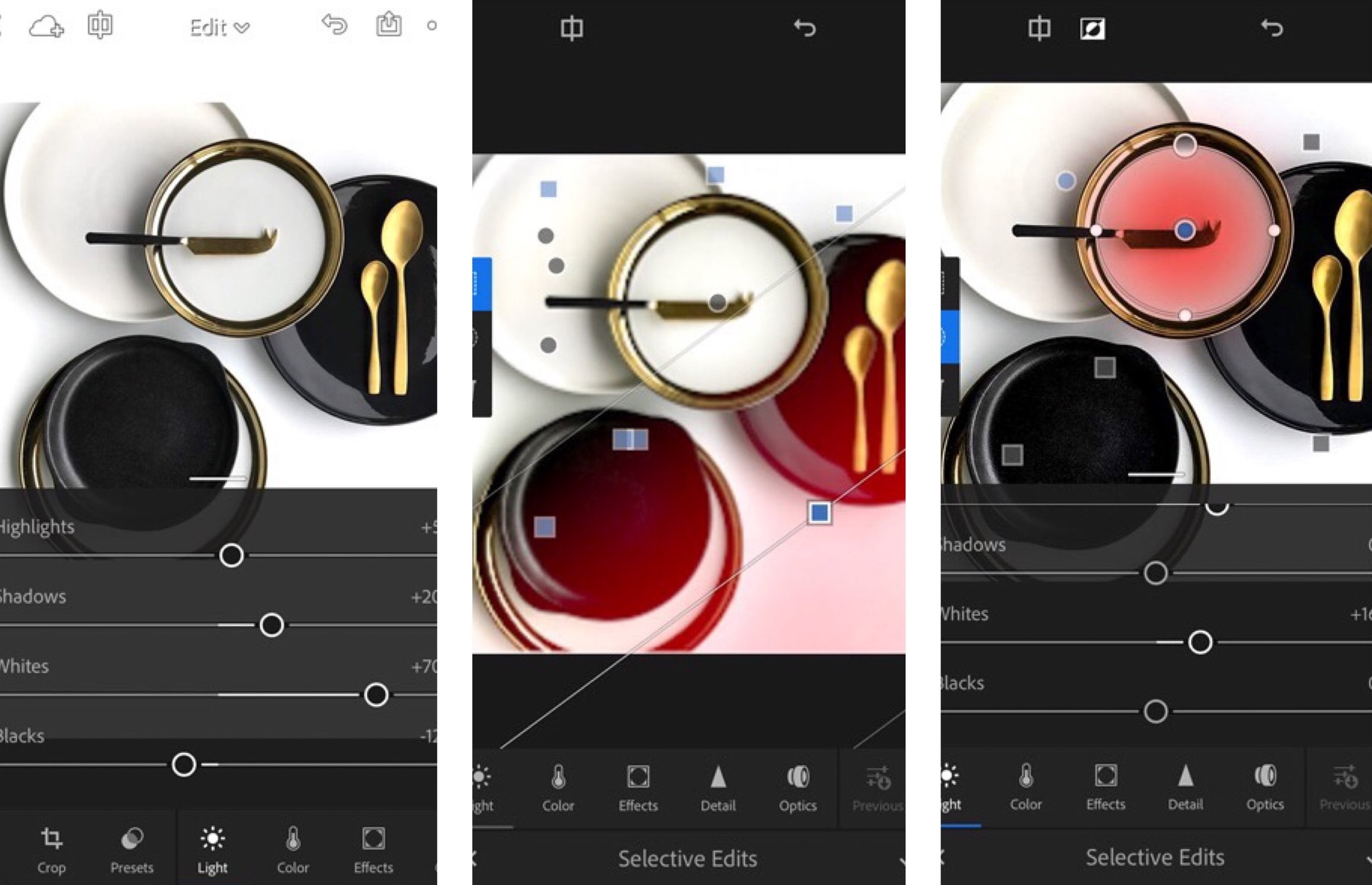 Pictured: Using the gradient and radial selective editing tools in Lightroom for iPhone