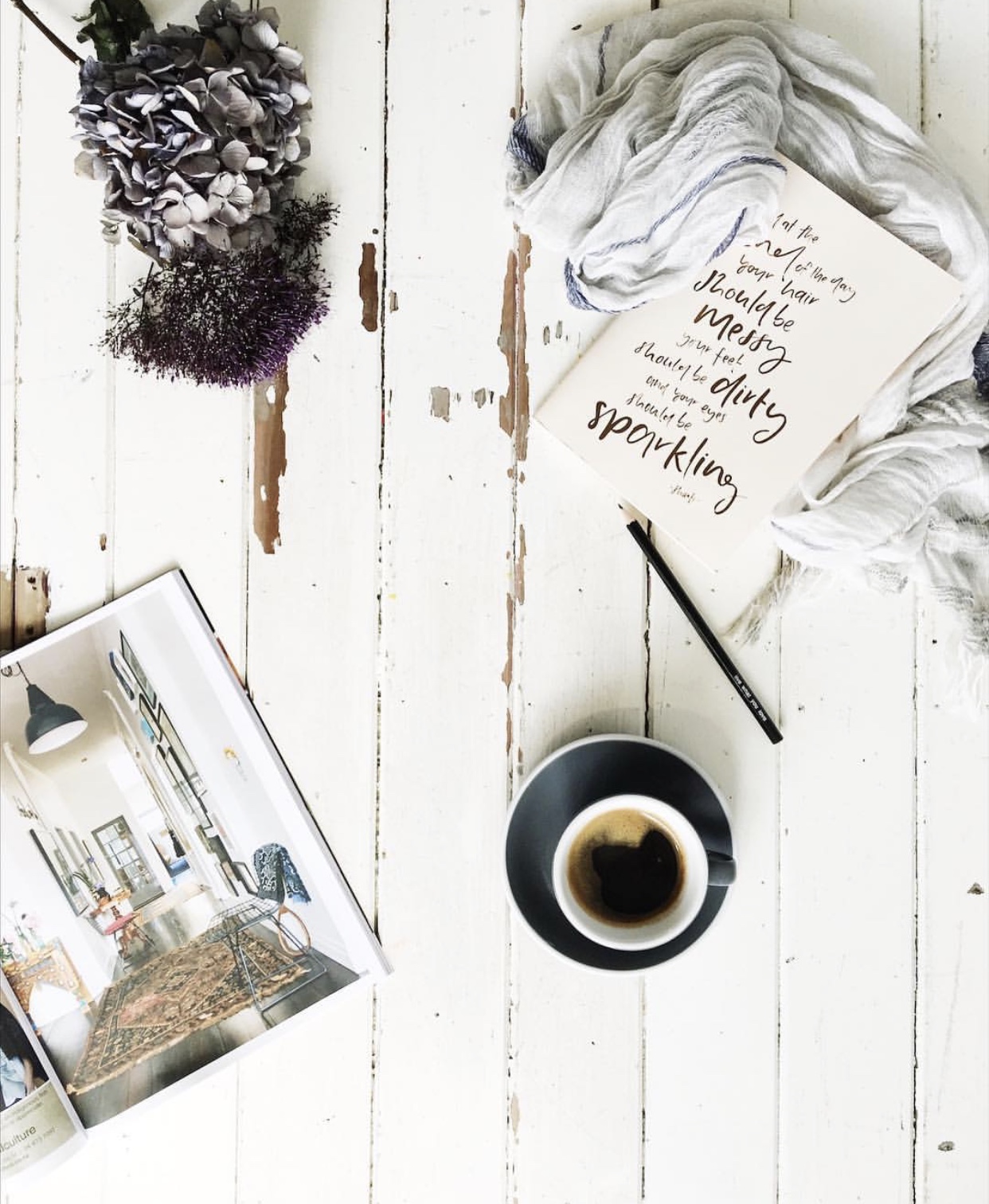 Amanda of Small Acorns Store in Wellington has a penchant for time worn, rustic furniture and artefacts, and has a perfectly imperfect style that seemingly comes naturally. The worn enamel paint on this piece of history serves as stunning backdrop for more impermanence - ageing flowers, a cup of coffee, soft worn linen and a very appropriate quote. By @smallacornsamanda