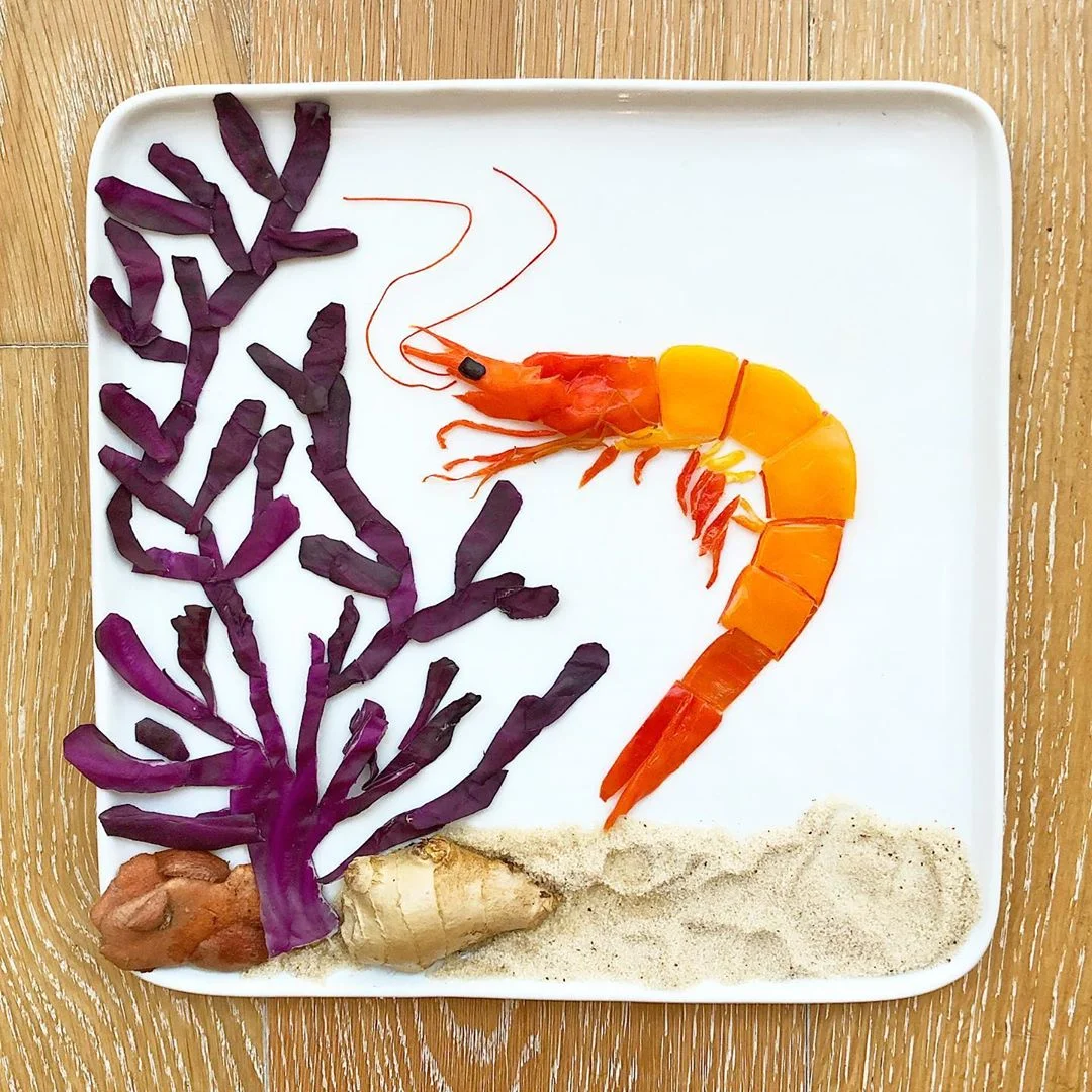 Harley’s shrimp created with bell pepper, habanero pepper, Fresno chili pepper, rice noodles, eggplant, red cabbage, ginger, sweet potato skin, and seasoned salt. Image via @harleysfood_art on Instagram