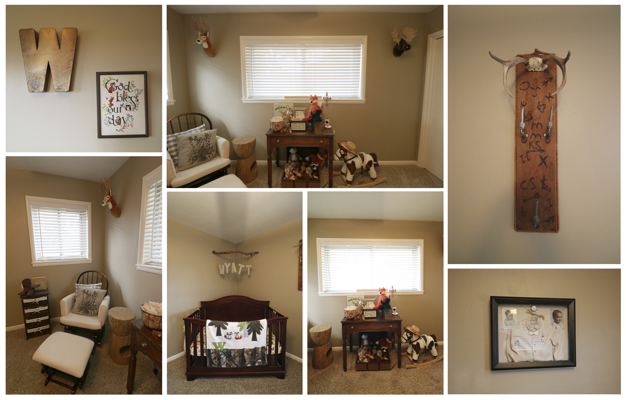 Snapped a few pictures of his adorable nursery before "real life" began. The two images on the right: Gun rack was from my dad's bedroom growing up and the little suit my dad wore around 1yrs old along with my brother. Wyatt will follow and so on.