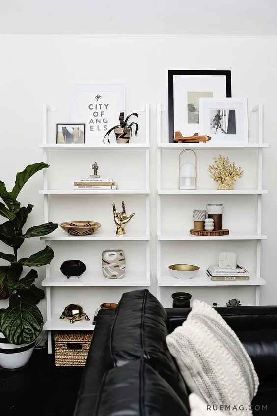 Ann Sage House Tour for Rue Mag&nbsp; The items on the bookcase are grouped in 3's. There are a few exceptions, but this theory works really well here.&nbsp;