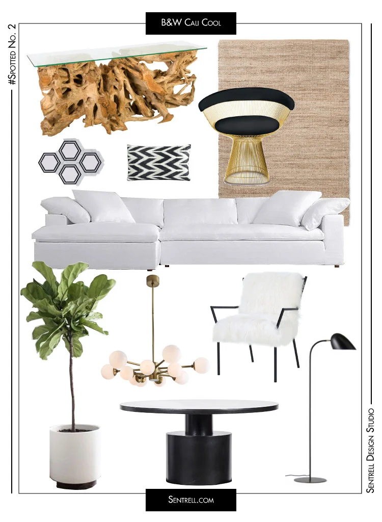 Freeform Wood Console*,&nbsp; Jute Rug,&nbsp;Gold Frame Knoll Platner Armchair&nbsp;(Replica),&nbsp;Hexagon Marble Mosaic Tile,&nbsp;Chevron Lumbar Pillow,&nbsp;White Fabric Sectional,&nbsp;Fiddle Leaf Fig,&nbsp;Antique Brass Chandelier, Sheepskin B…