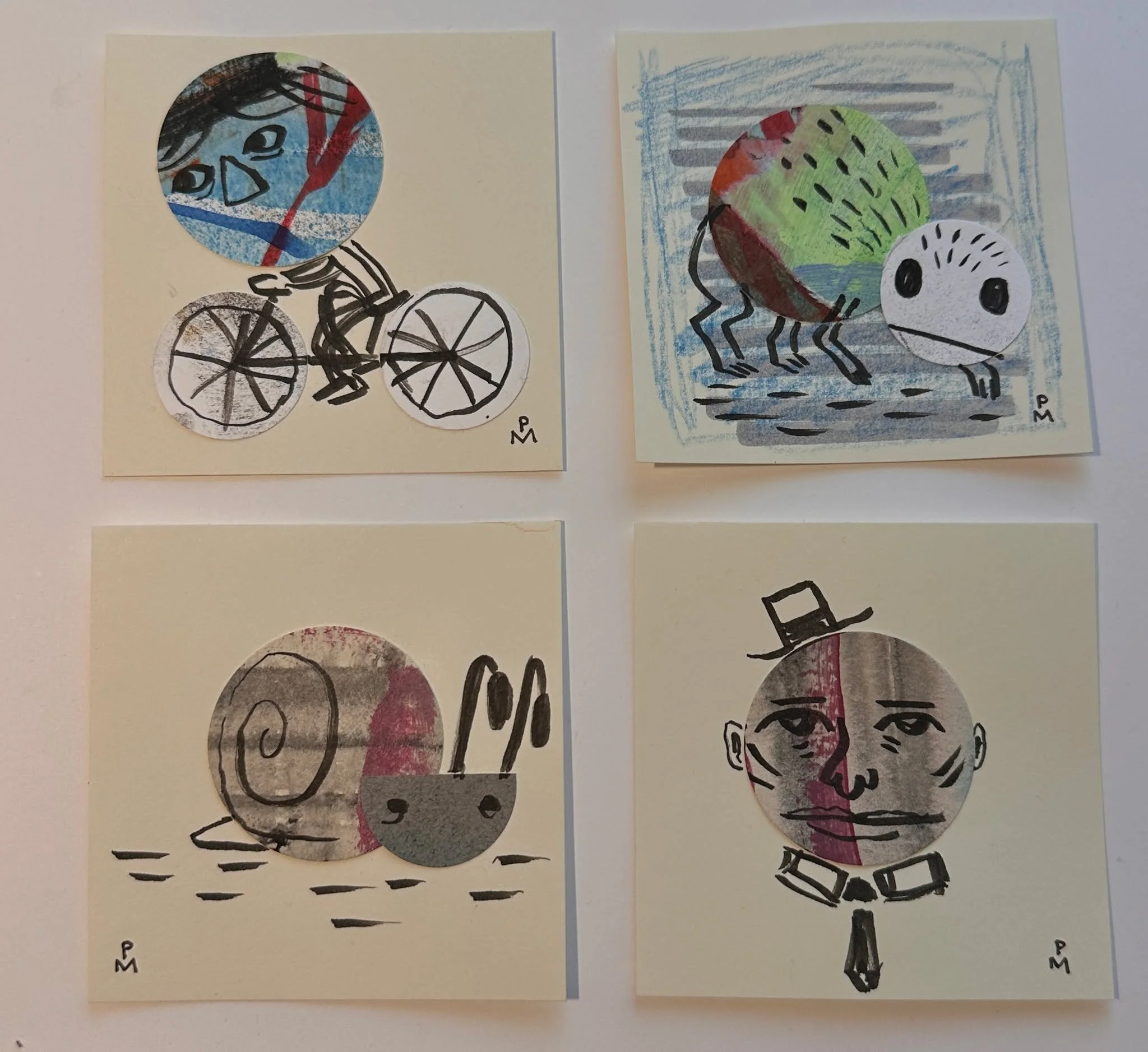 I have this fun hole-punch that I've been using to cut little holes out of old artwork. I thought it'd be fun to turn them into some little illustrations.