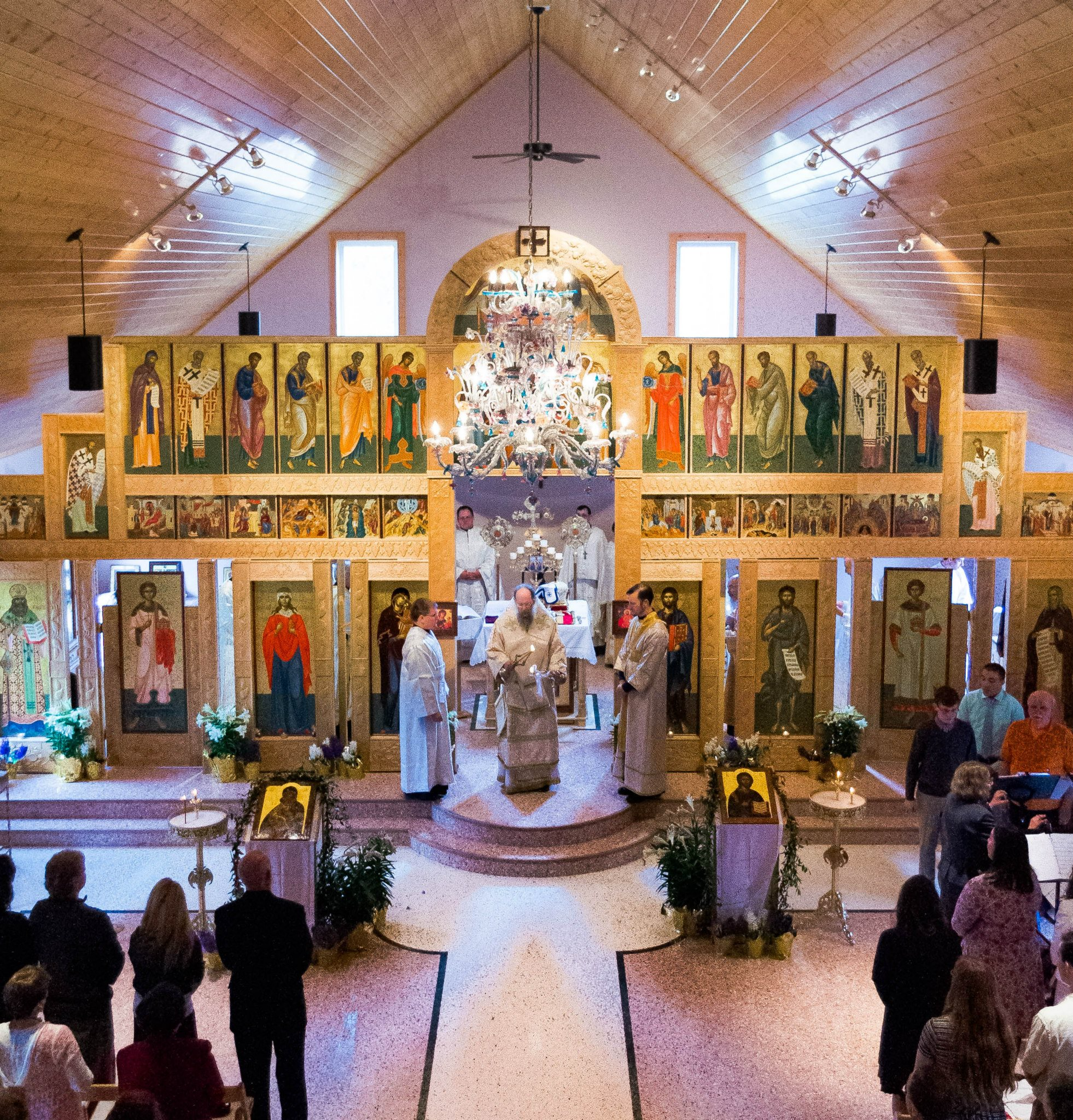 Hierarchal liturgy with bishop at royal doors and sub deacons on either side