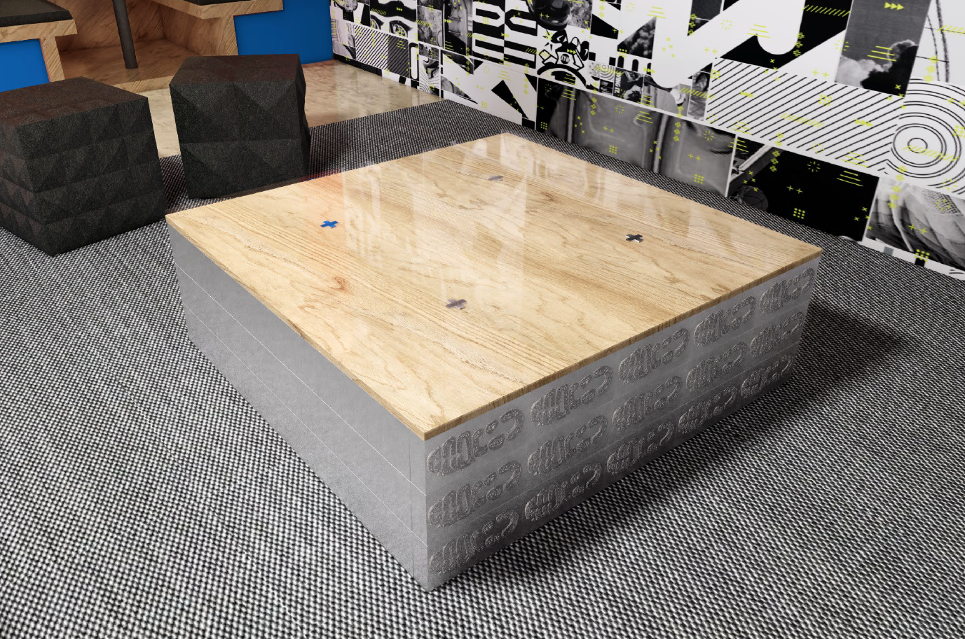 The lounge coffee table was made of re-purposed aluminum dies used in the air bag manufacturing process.