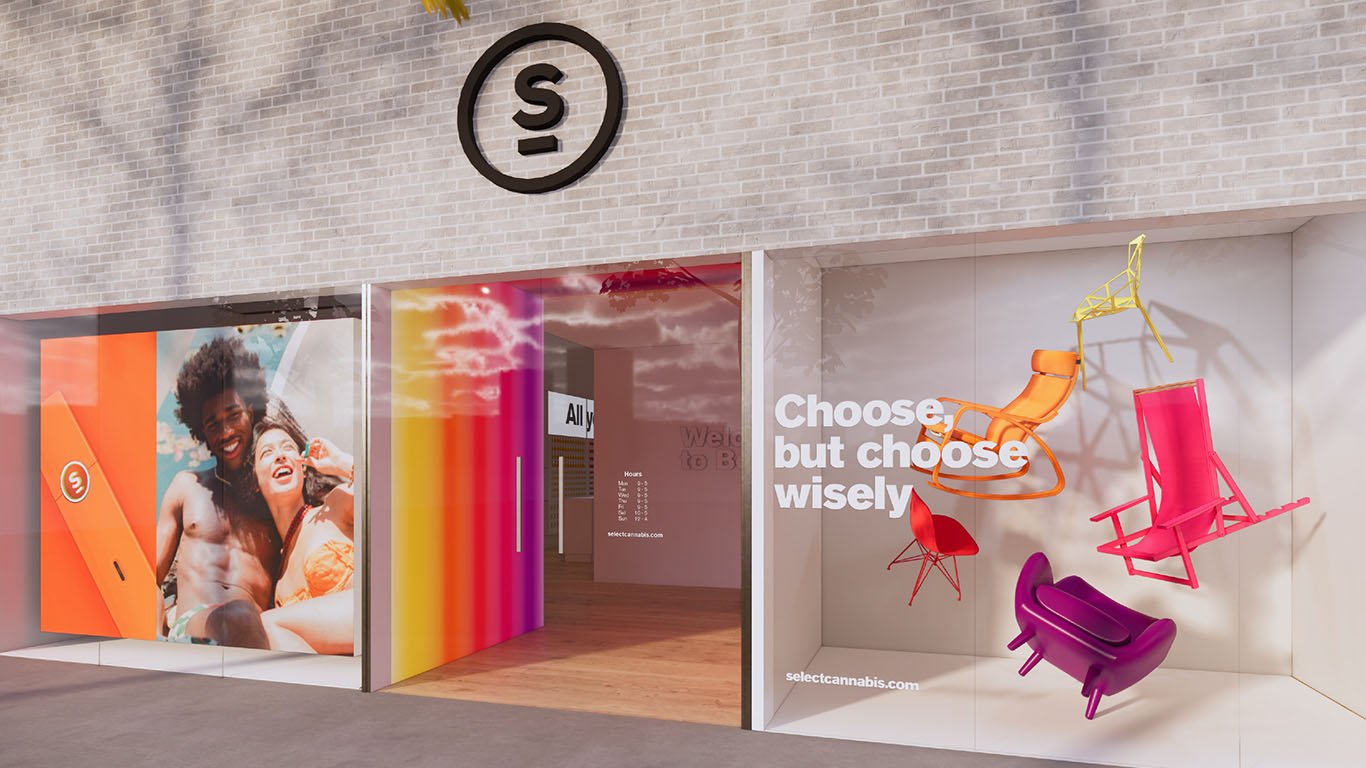 Controlled shopping concept. The colored chairs in the window display are a metaphor for the various kinds of experiences, mapped to their color-coded product architecture.