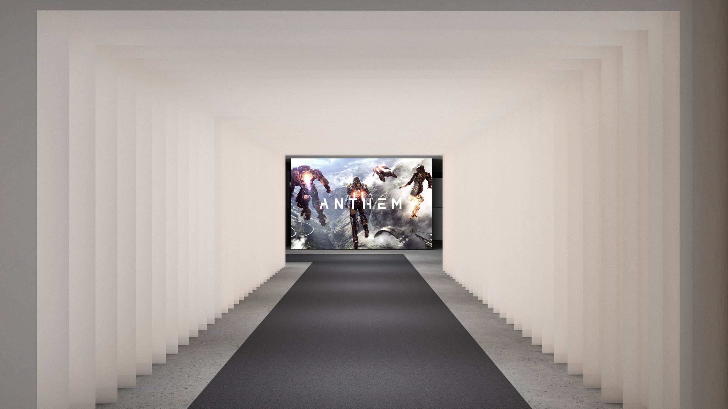 Scrim planes tunnel way leading to digital screen
