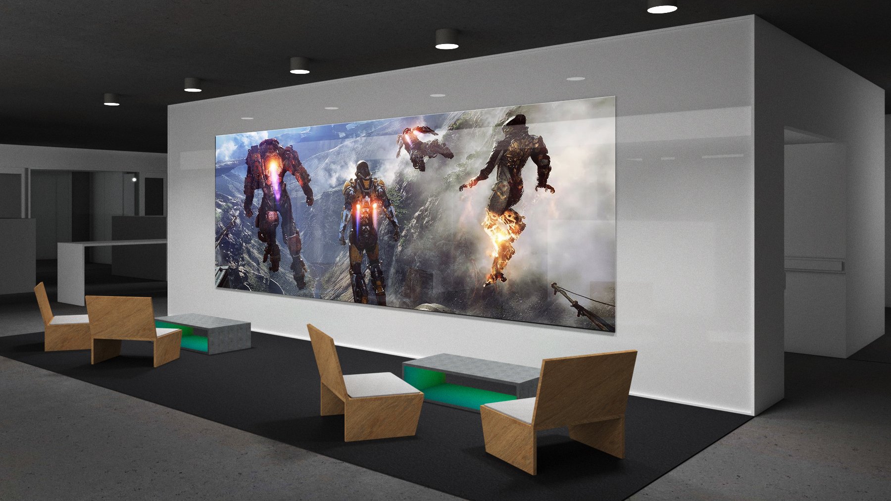 Geometric form seating with color and materials play and large digital screen