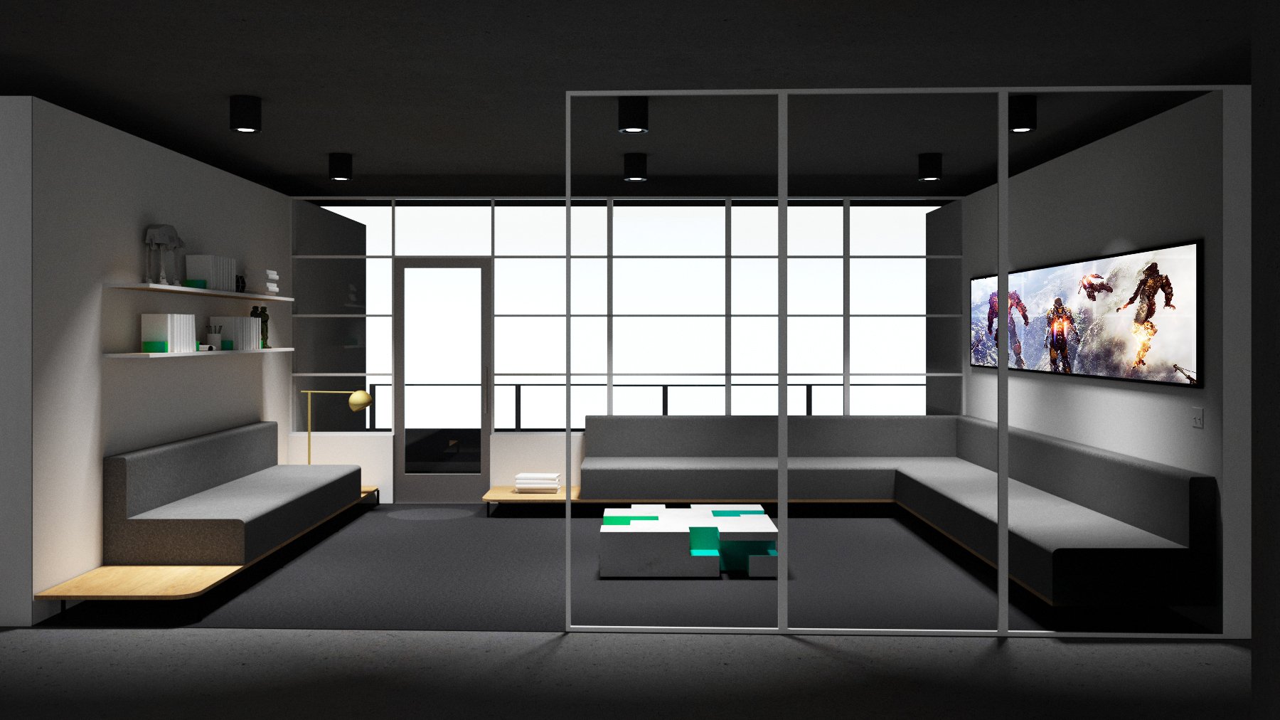 Clean, streamlined library space with dimensional puzzle table