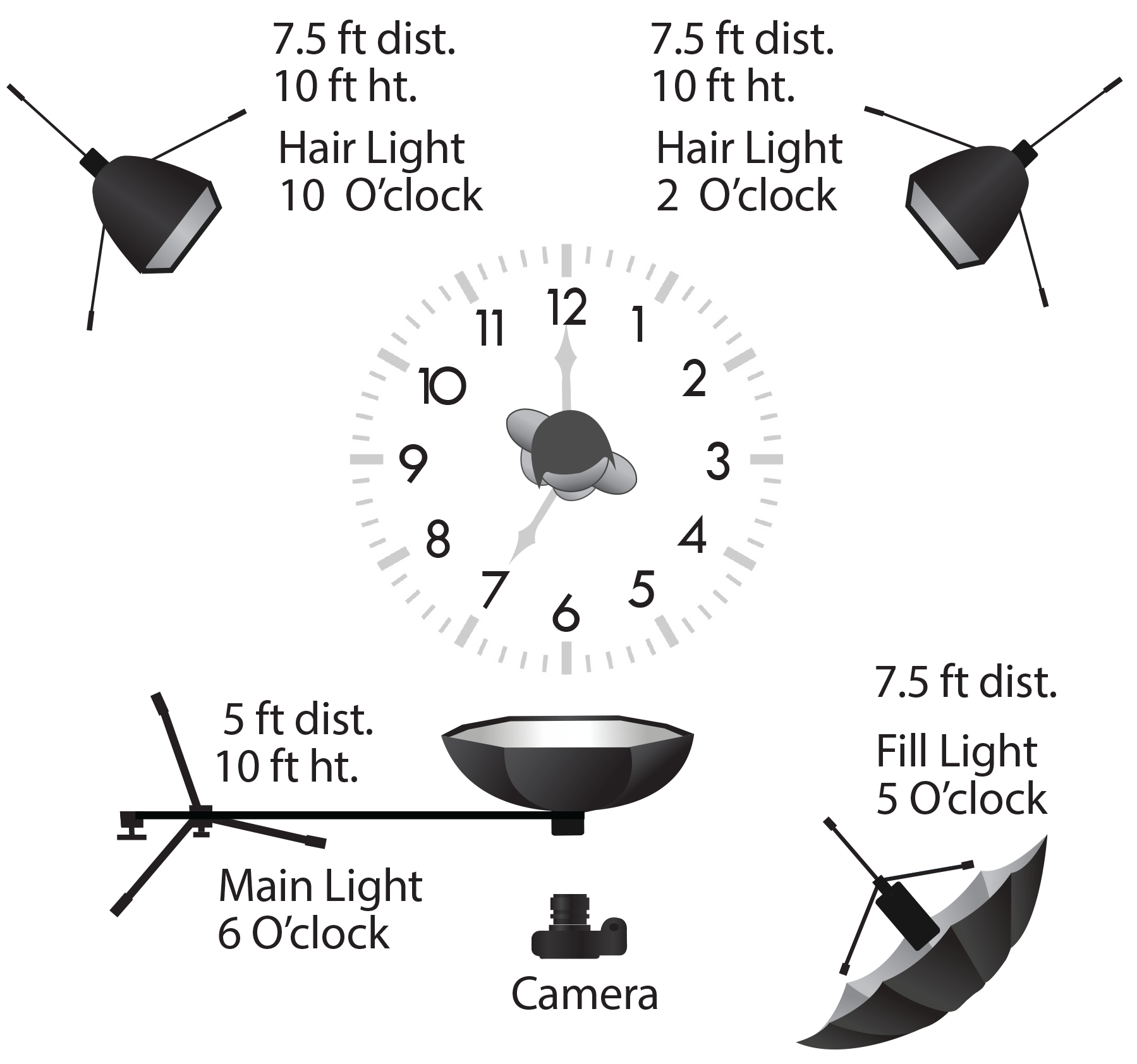 The above lighting diagram shows the position of the lights with respect to the subject.