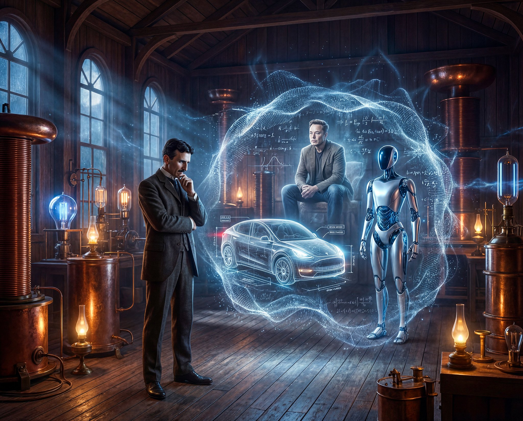 Nicola Tesla in mental time travel, seeing the future of his inventions