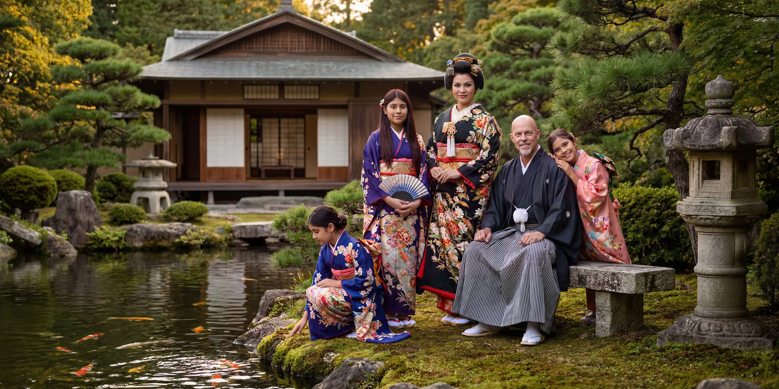 The family arrives in Japan, a beautiful rural home adjoining a mature perhaps ancient garden adjoining their new home, dress for the occasion.