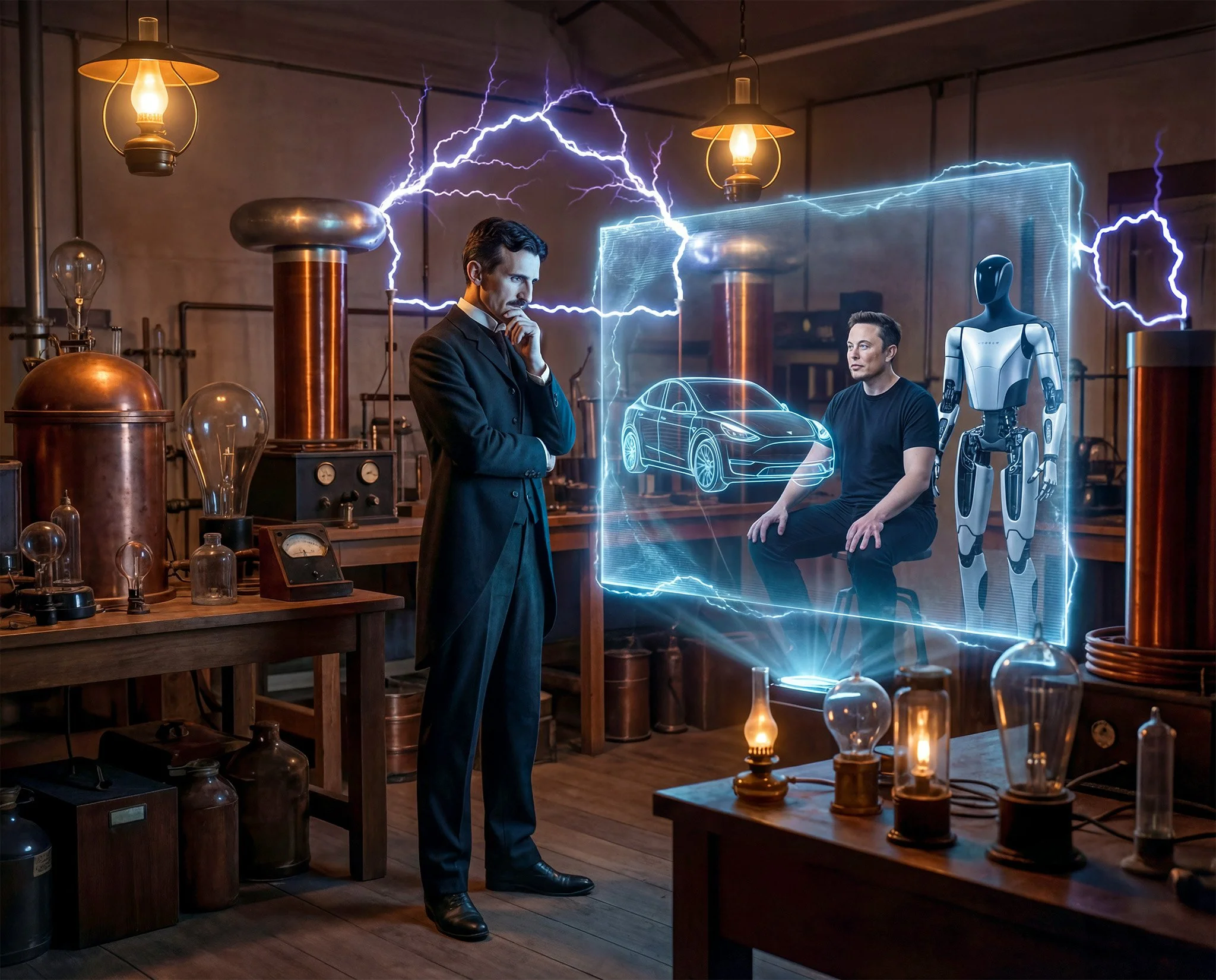 Nicola Tesla in deep thought, envisions the future.