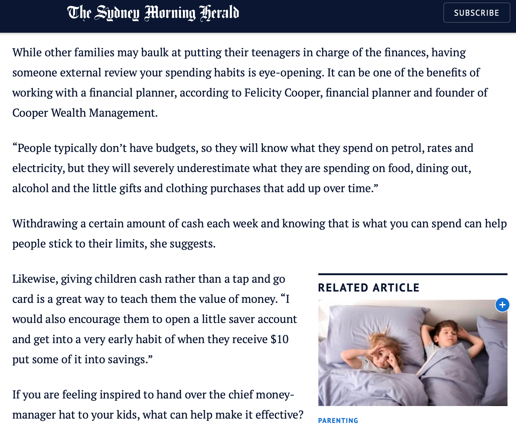 Felicity Cooper featured in SMH