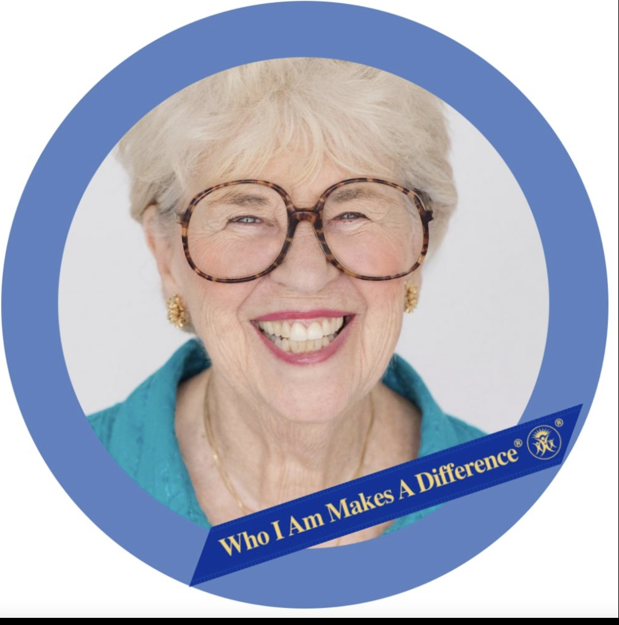 Smiling elderly woman with glasses in a blue circle frame with the text 'Who I Am Makes A Difference'."