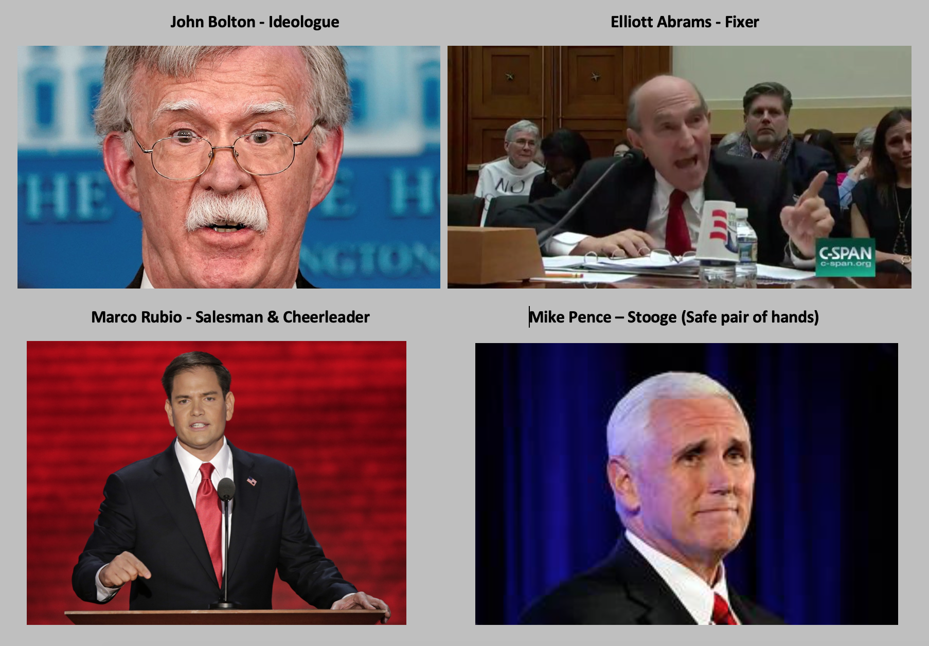 The ‘Venezuela Mob’. These are the visible faces on the ground. There are, of course, corporations, oligarchs, and ‘vested interests’ pulling the strings of these creepy-crawlies. Trump? He is now totally ‘owned’ by the swamp he said he’d drain…as was Obama.