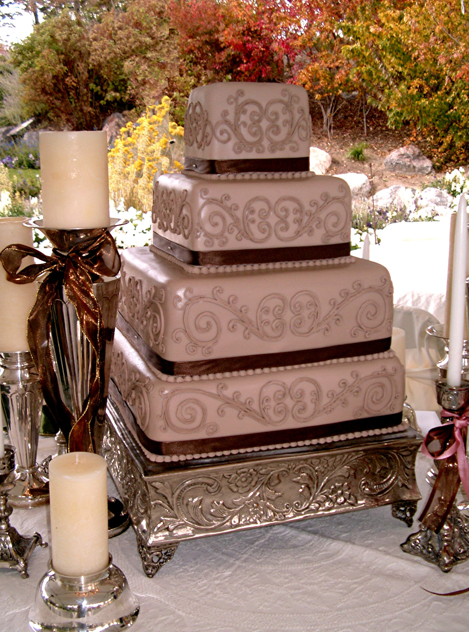 Square 3 Tier Wedding Cake with Cherry Blossom details - - CakesDecor