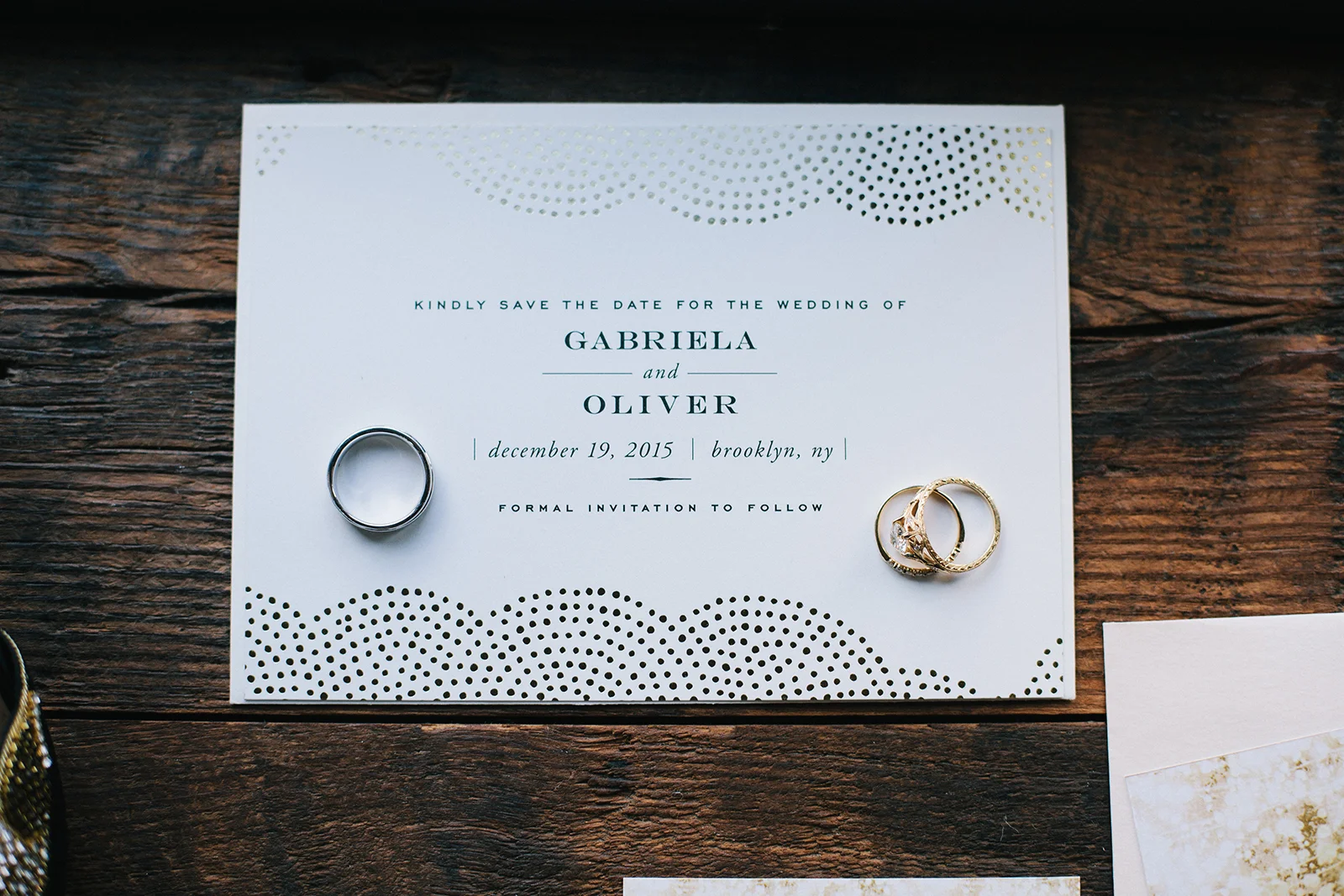 Detail of Rings and Invitation, Wedding of Gabriela & Oliver, Brooklyn Winery, NY