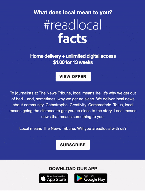 Email to Smaller Markets Without Landing Page (links directly to subscription page) 