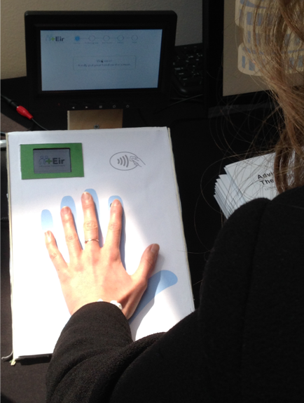  A prototype of the Eir Sensor Pad with built-in sensors identifying the patient and measuring temperature and pulse. 