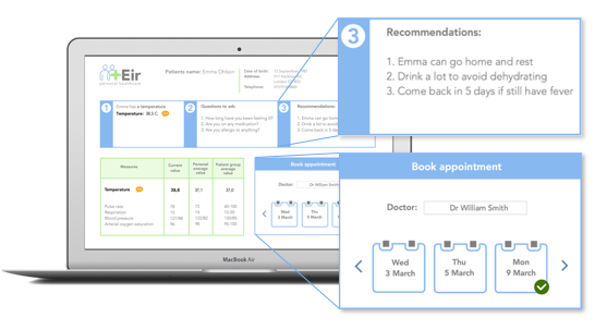  The Pharmacist receives a clear overview of the patient's medical condition. Supported by the AI, qualified advice can be given to the patient.&nbsp;If necessary the patient can be booked into a doctor's appointment. 