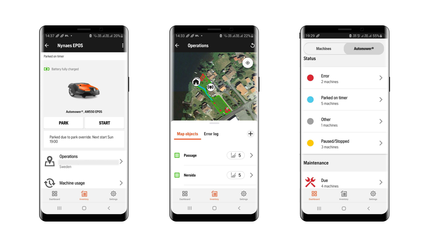  Fleet is both a mobile and a desktop application. Sensor data from  Husqvarna’s machines is captured and compiled in the app. Users can also handle their robotic lawnmowers from the applikation. 