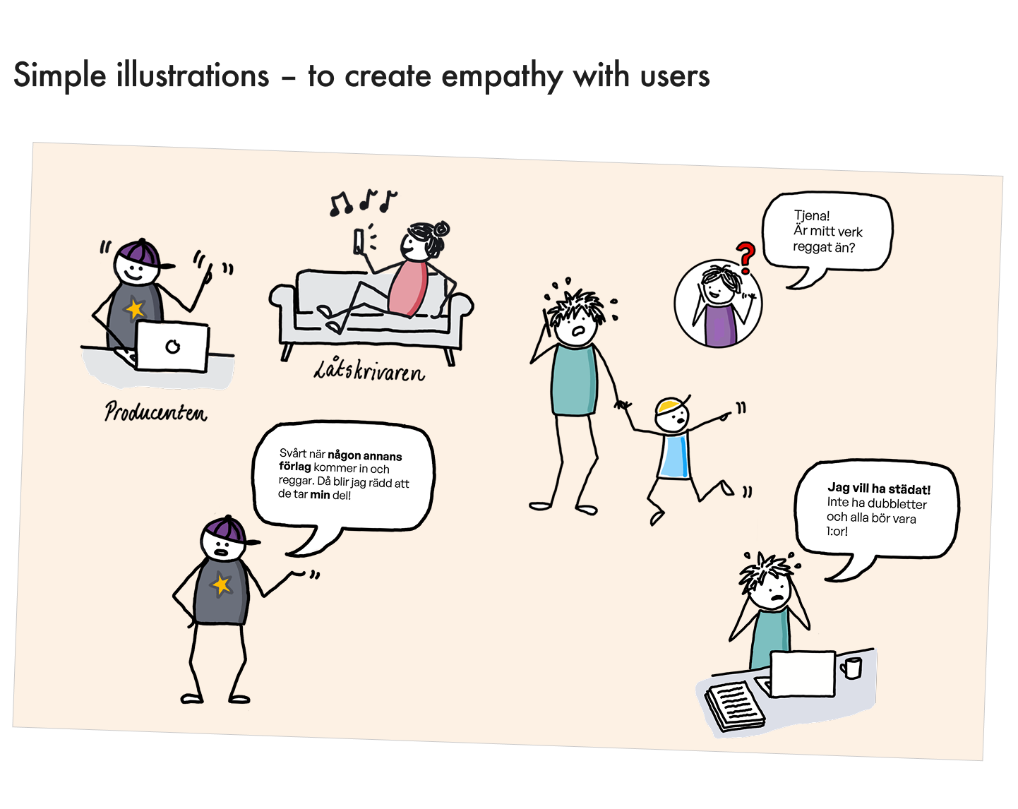  I made simple illustrations and used them in our powerpoint presentations to illustrate user challenges and quotes from persons we have interviewed 