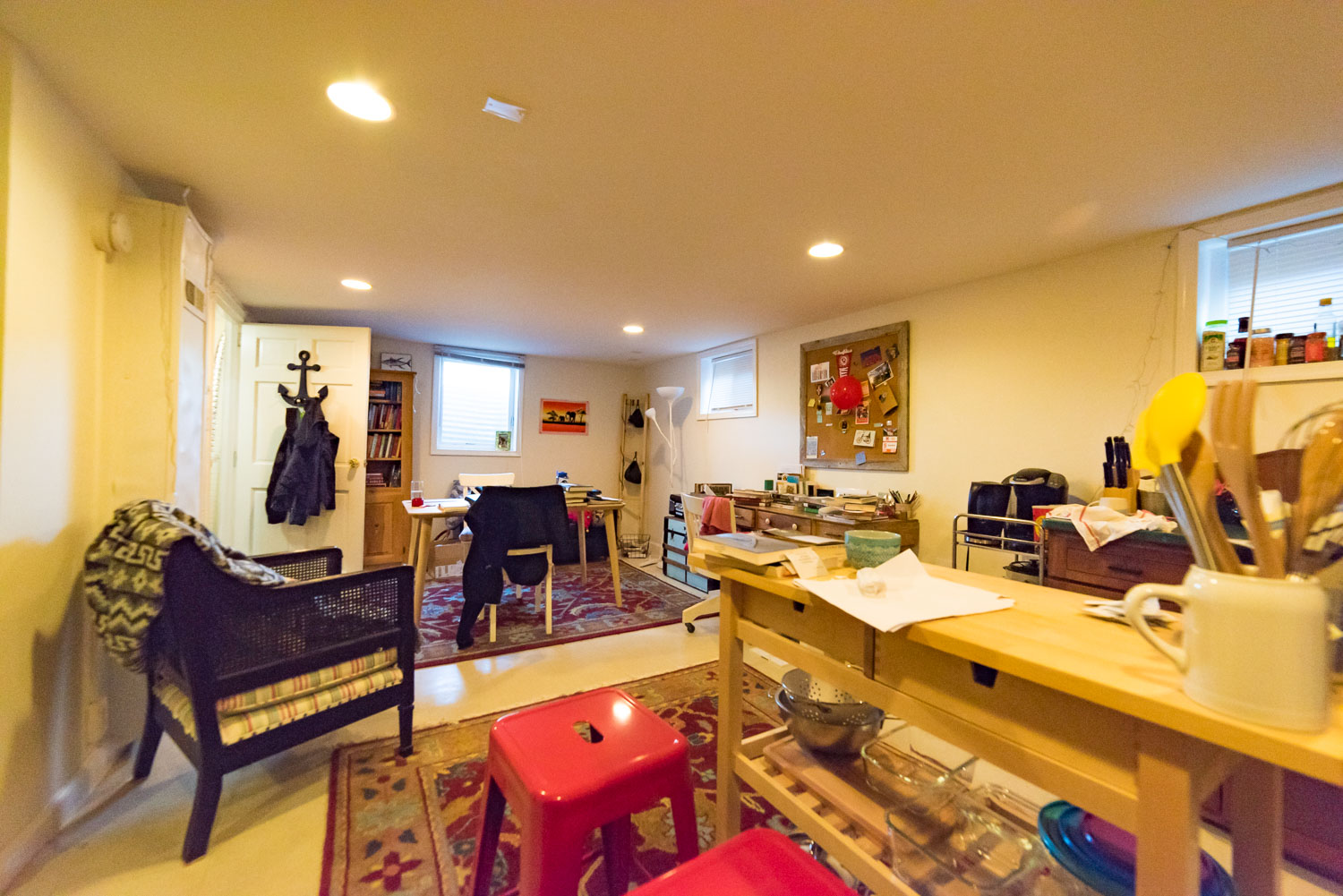  The apartment is setup in this photo with the living area to the left of the kitchenette.   The window in the far left of this photo is a special emengency exit window that is designed to pop open from the inside quickly and easily just in case.    