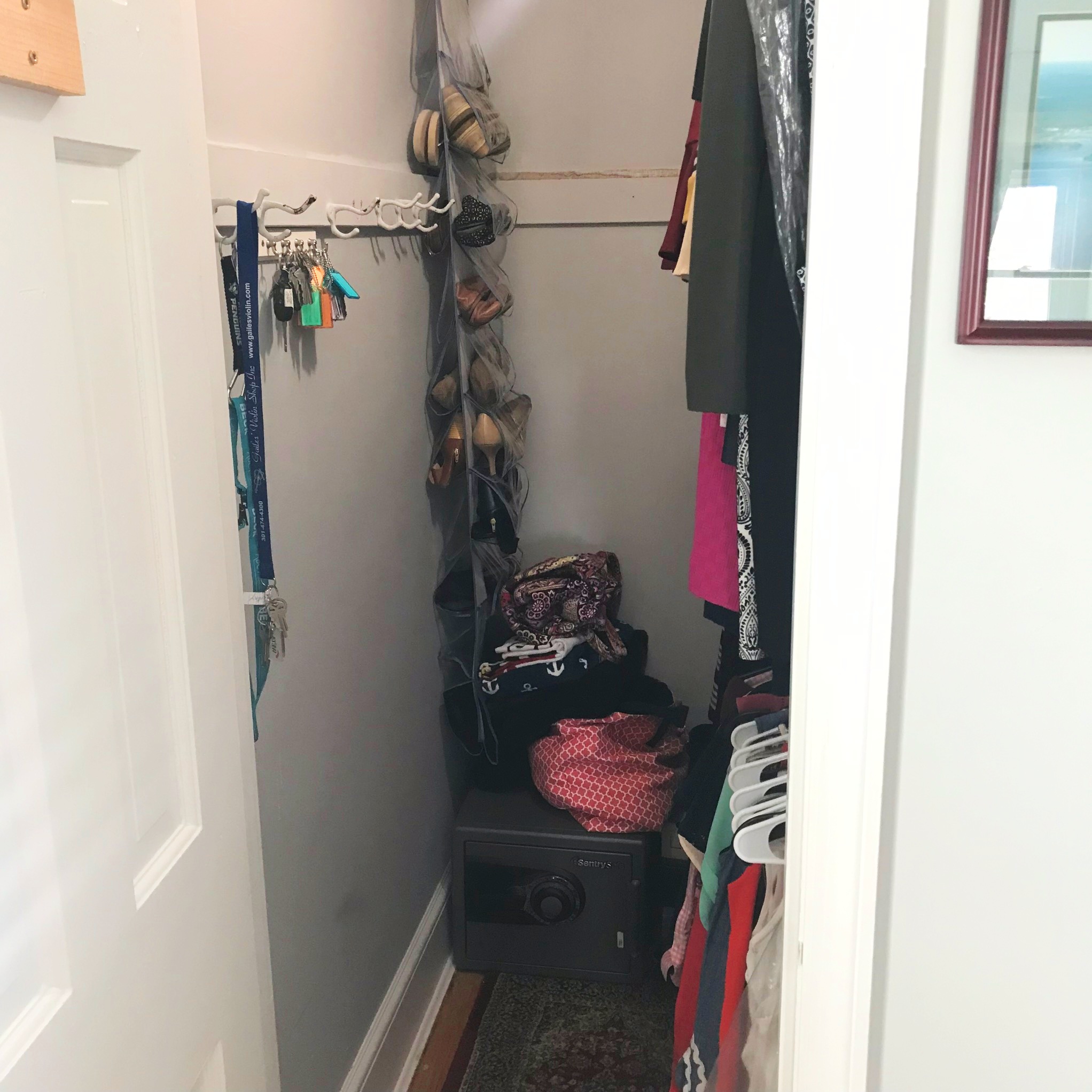 Upper rung of clothes rods are on the side and back walls of the closet, lower rod is just on the side so that the end of the closet can hold tall shoe organizers :) 