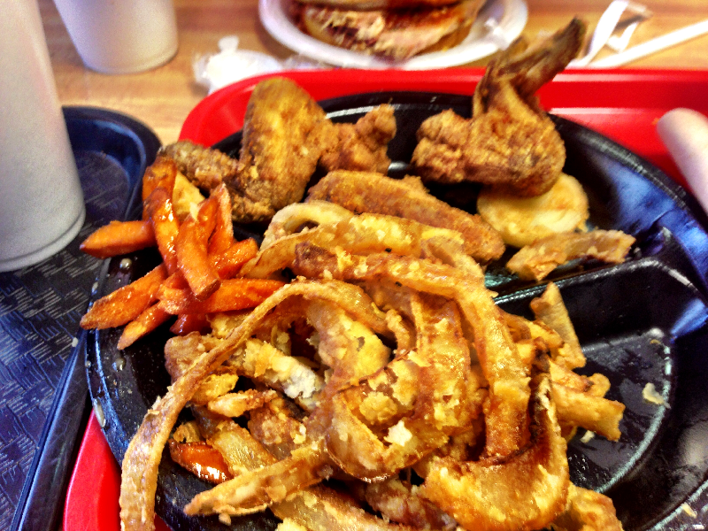 Fried Onion Rings, Chicken Wings, and Sweet Potato Fries