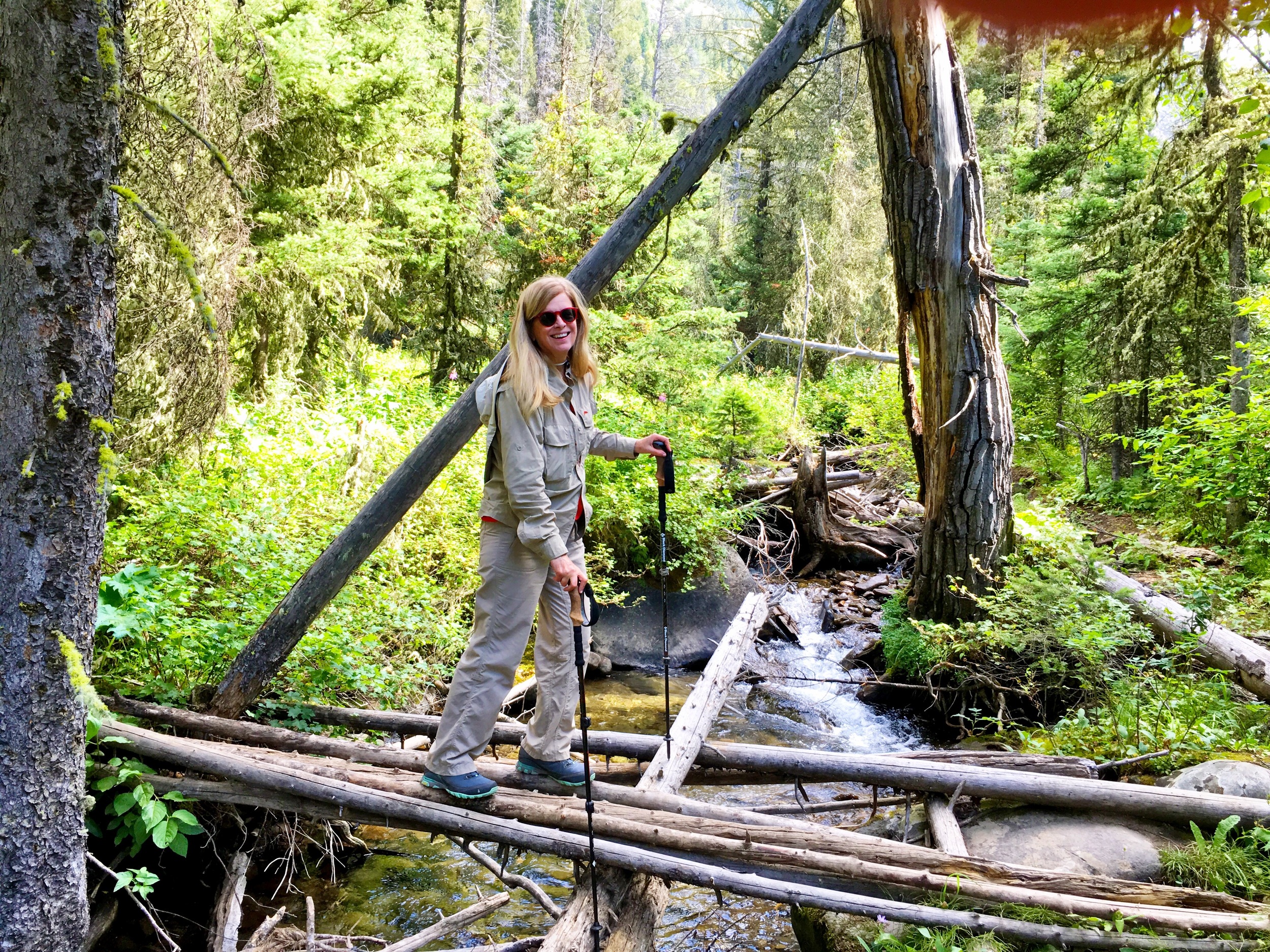 Crossing a major stream on the way to the waterfalls on the North Cottonwood Trail, just outside Bozeman, Montana. It only looks like I'm smiling and confident. My hiking partner, Brad Coffey, who took this picture, kept reminding me that the logs shift and move. Right, Brad. And then I did a back flip. Just kidding. The unstable logs are why I look so nervous in the picture below.