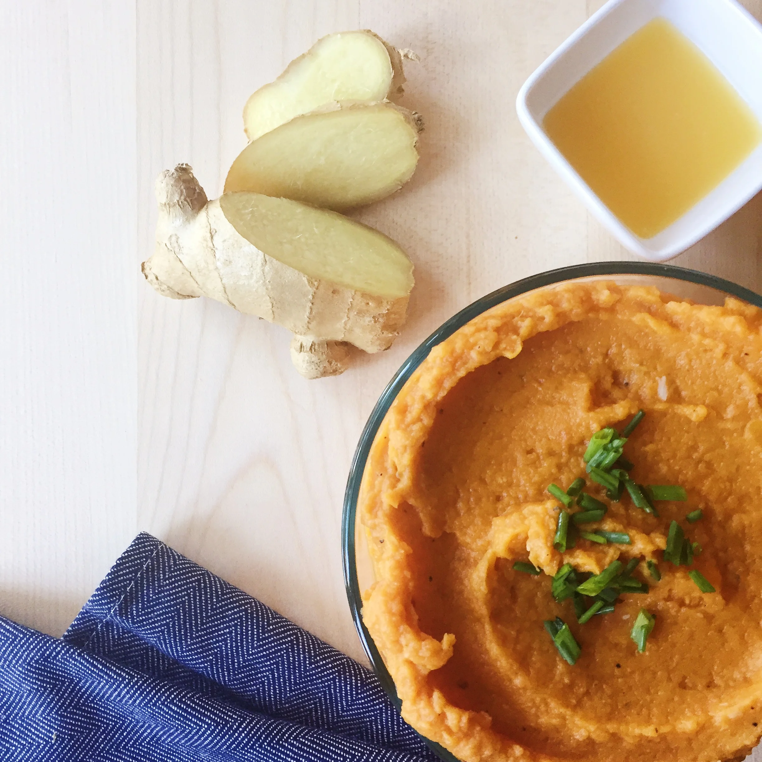 Mashed sweet potato with fresh ginger and orange juice. 