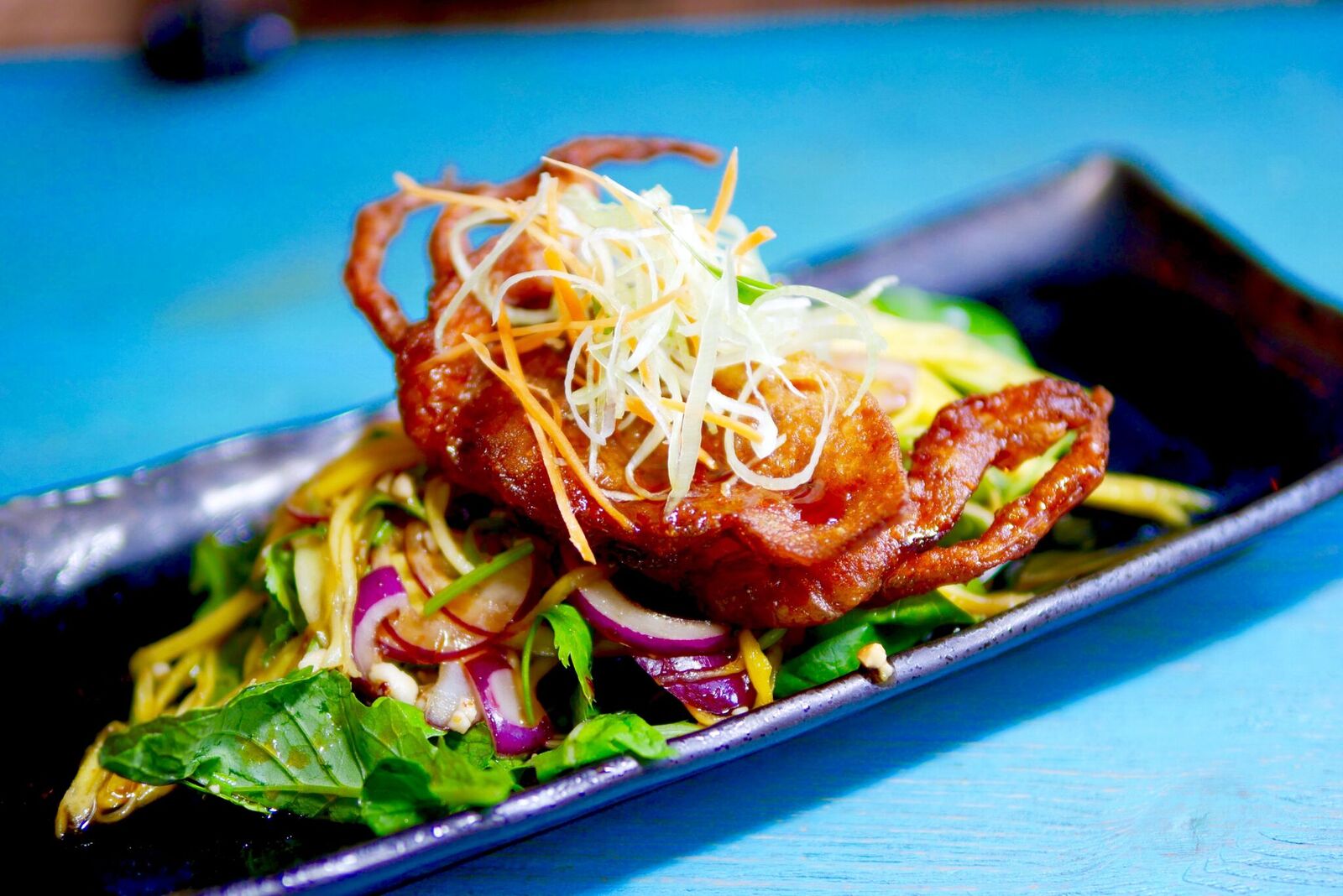 Pehme krabi mangosalatiga Küllaltki efektne roog! Kogu fritüüritud krabi on üleni söödav ning seepärast ei ole vaja nokkimisele aega kulutada. Krabi on maitselt tugev ning ka rasvane. Krabi all lebab imeline roheluse kooslus, mis sobis ideaalselt mangoga (koriander, rucola, basiilik). Magus mango ja hapukas kaste mmmmm... seda salatit sööks ka lihtsalt eraldiseisvalt - imeline värskusepomm!