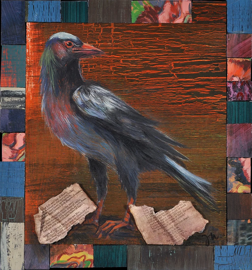   Raven with Text,  11x12 paper &amp; acrylic    SOLD  