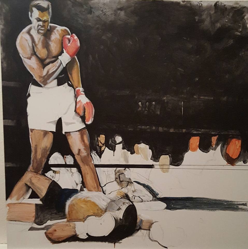 An acrylic piece my mother is working on. A tribute to the Great Ali.